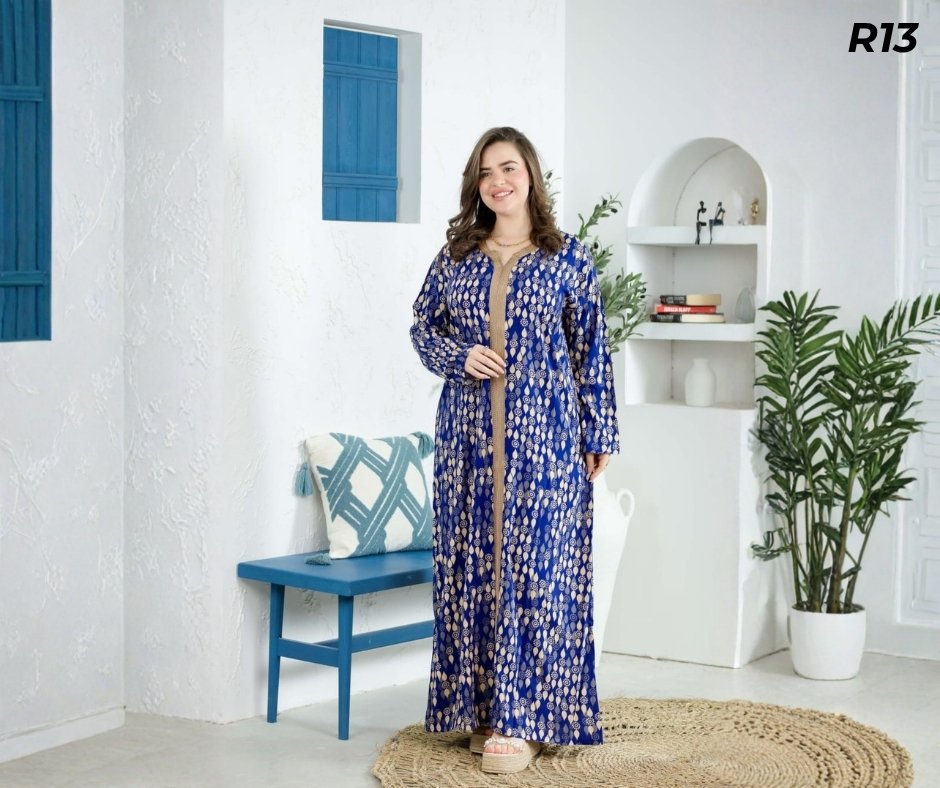 Robe Longue Fibrane Paisley Oriental Bleu Royal et Doré – Galon Or Tressé | R13