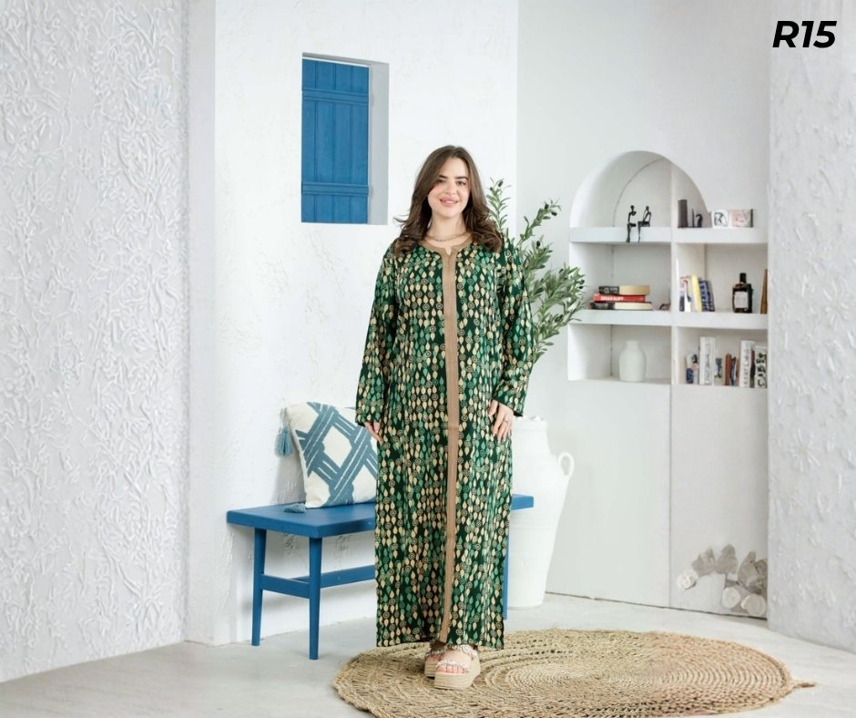 Robe Mi-Longue Fibrane Paisley Vert Foncé et Beige – Galon Caramel | R15