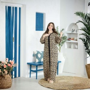 Robe Longue Fibrane Triangles Géométriques Camel et Noir – Galon Noir | R17