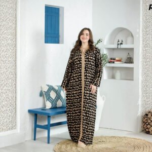 Robe Longue Fibrane Triangles Géométriques Fond Noir et Camel – Galon Caramel | R18