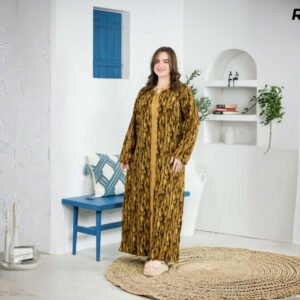 Robe Longue Fibrane Flammes Abstraites Or et Kaki – Galon Doré Tressé | R20