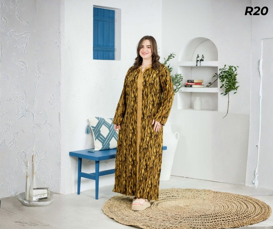 Robe Longue Fibrane Flammes Abstraites Or et Kaki – Galon Doré Tressé | R20