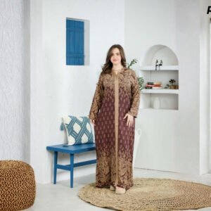 Robe Longue Fibrane Feuilles Botaniques Brun Doré – Galon Or Artisanal | R21