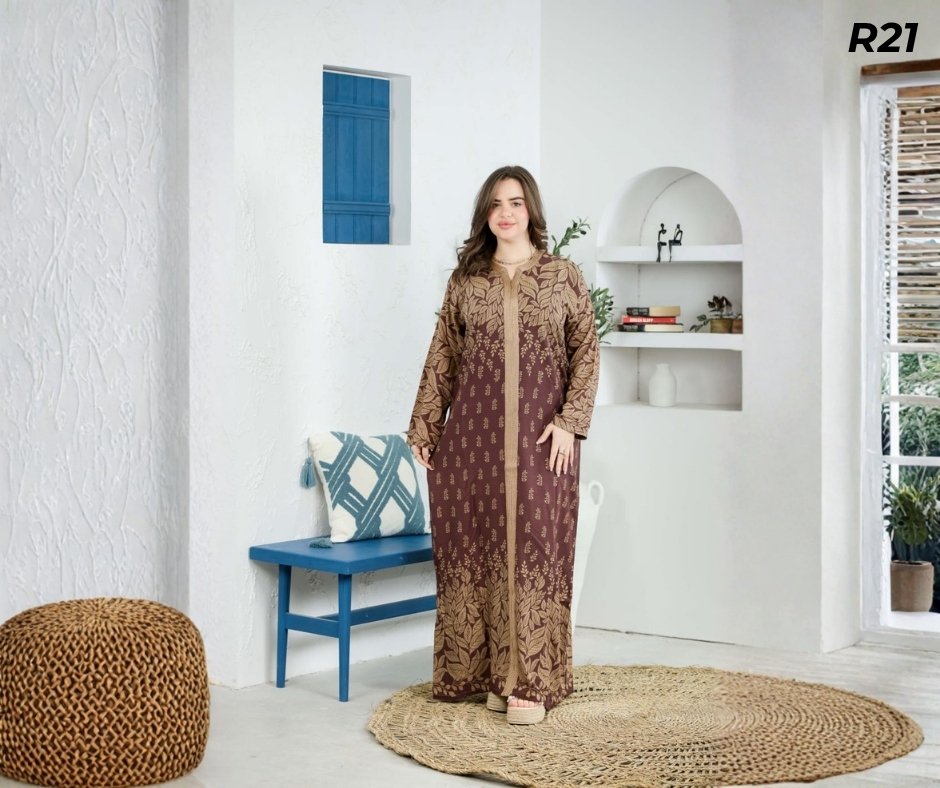 Robe Longue Fibrane Feuilles Botaniques Brun Doré – Galon Or Artisanal | R21