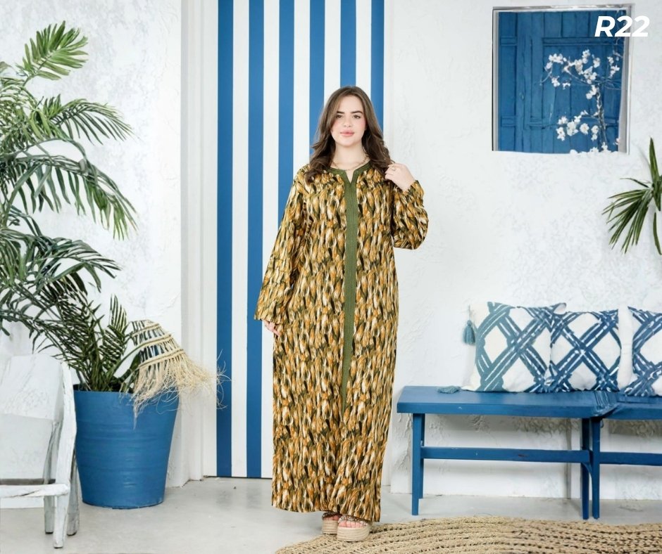 Robe Longue Fibrane Flammes Abstraites Kaki Or Vert Olive – Galon Olive | R22