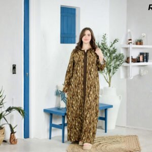 Robe Longue Fibrane Flammes Abstraites Brun et Or – Galon Brun Tressé | R23