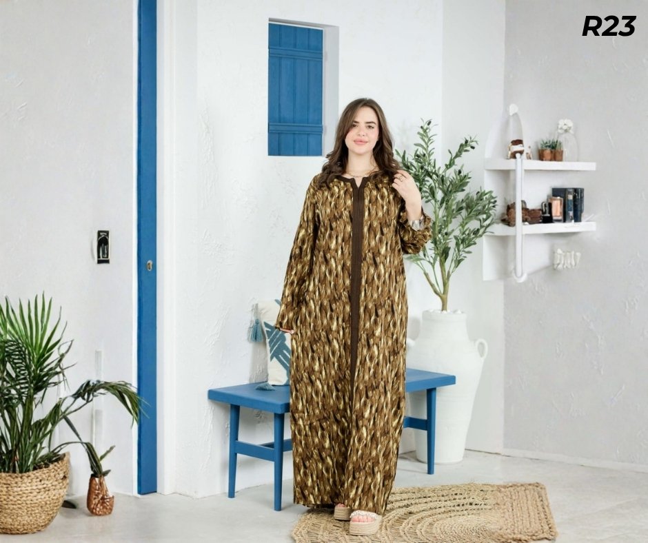 Robe Longue Fibrane Flammes Abstraites Brun et Or – Galon Brun Tressé | R23