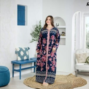 Robe Longue Fibrane Roses Roses Fond Marine – Galon Rose Brodé | R03