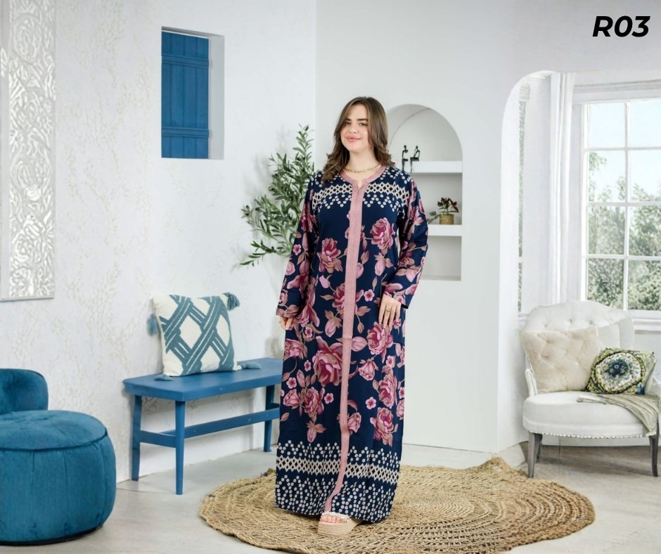 Robe Longue Fibrane Roses Roses Fond Marine – Galon Rose Brodé | R03