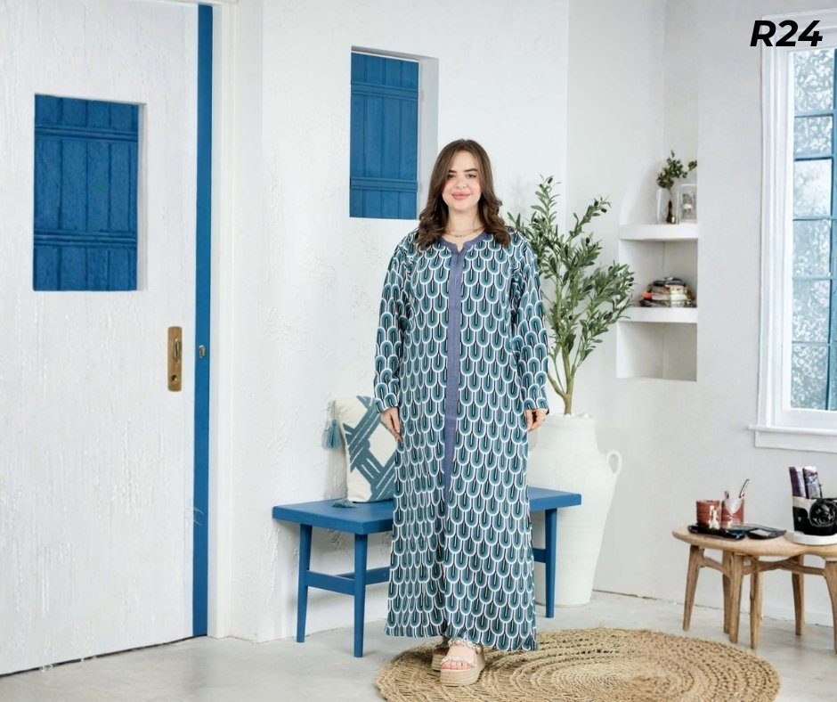 Robe Longue Fibrane Art Déco Arches Bleu Canard et Turquoise – Galon Denim | R24