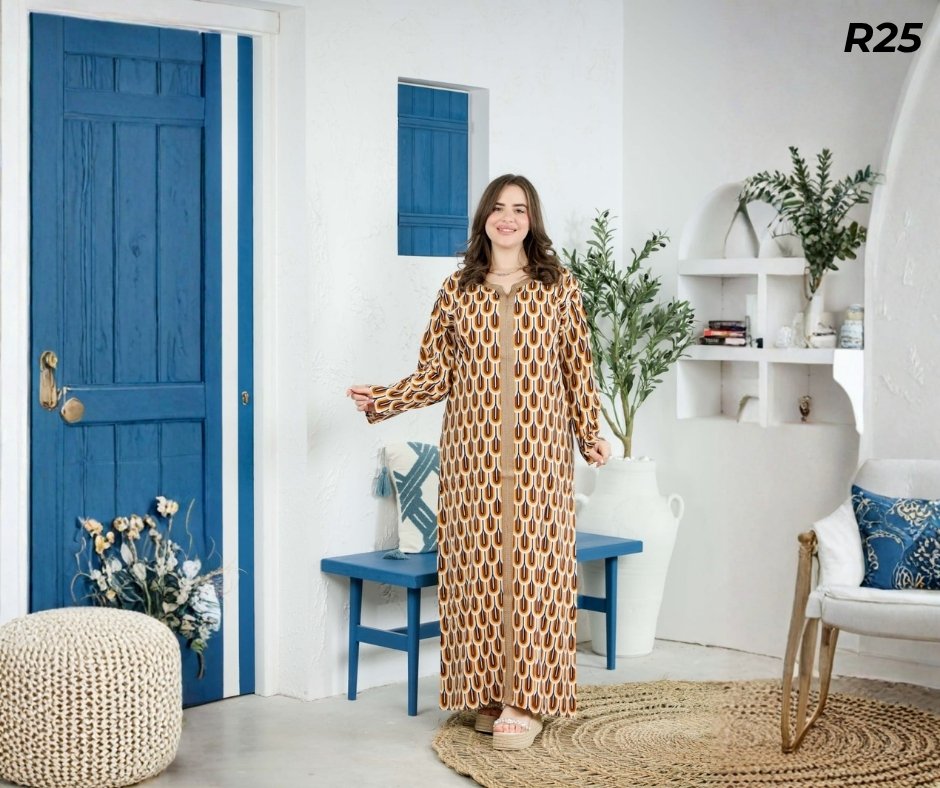 Robe Longue Fibrane Art Déco Arches Rétro Or Marron et Blanc – Galon Caramel | R25