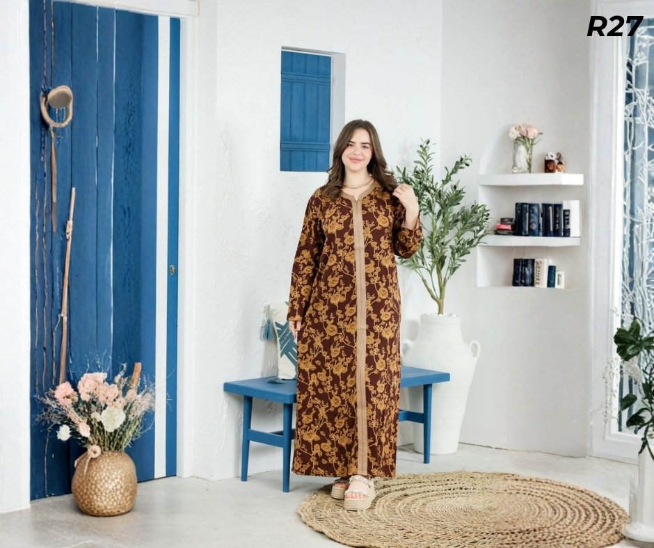 Robe Longue Fibrane Fleurs Botaniques Fond Brun Doré – Galon Or Tressé | R27