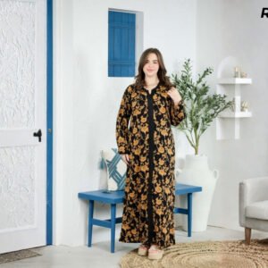 Robe Longue Fibrane Fleurs Botaniques Fond Noir et Doré – Galon Noir | R28