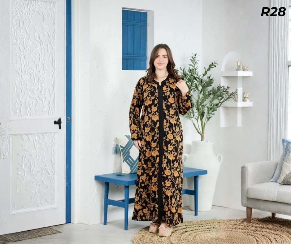 Robe Longue Fibrane Fleurs Botaniques Fond Noir et Doré – Galon Noir | R28