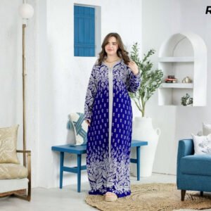 Robe Longue Fibrane Feuilles Dégradées Bleu Royal et Blanc – Galon Argenté | R29