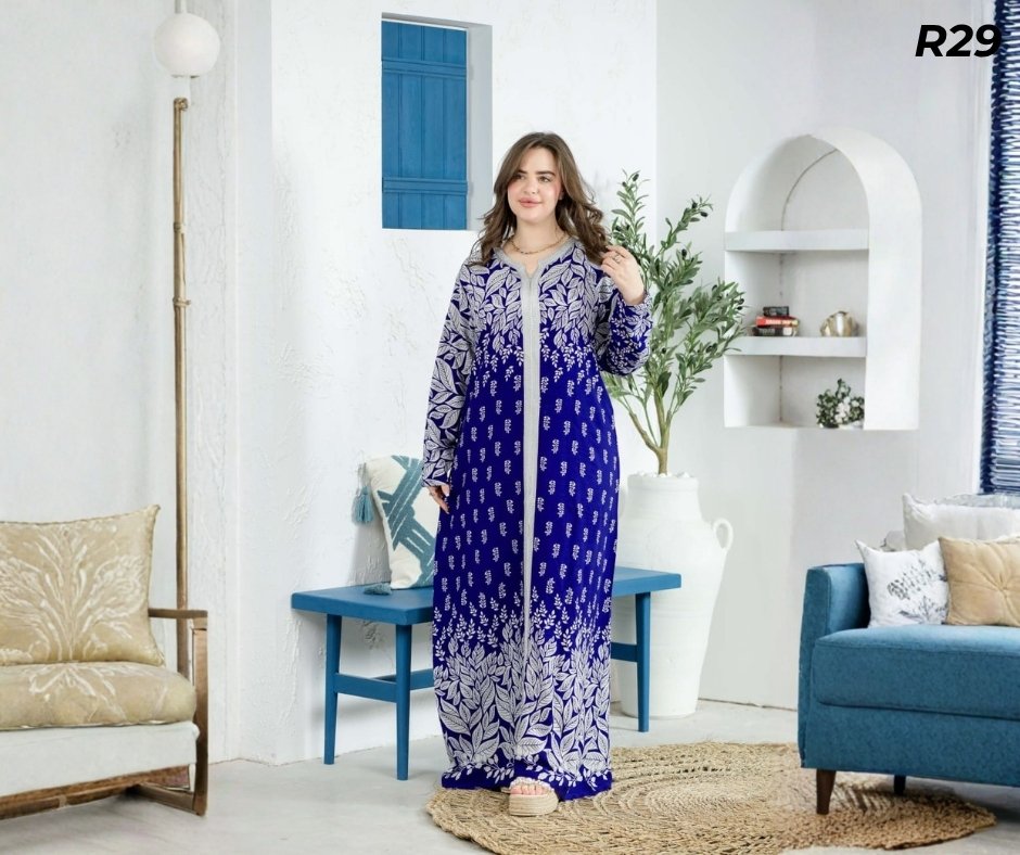 Robe Longue Fibrane Feuilles Dégradées Bleu Royal et Blanc – Galon Argenté | R29