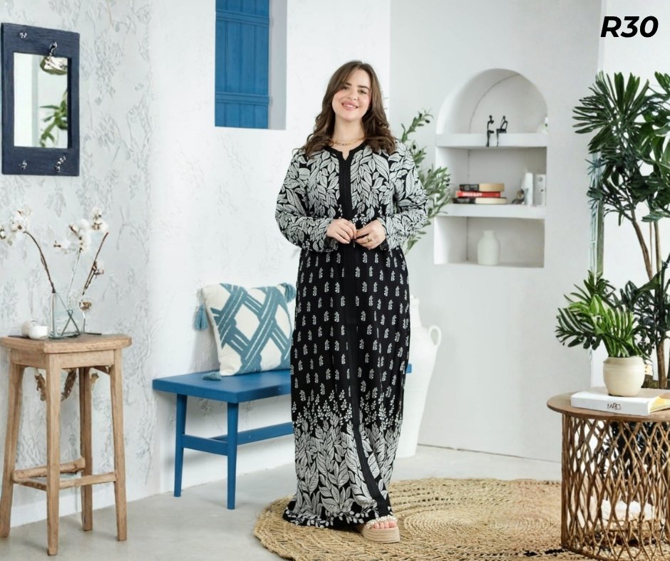 Robe Longue Fibrane Feuilles Dégradées Fond Noir et Blanc – Galon Noir | R30