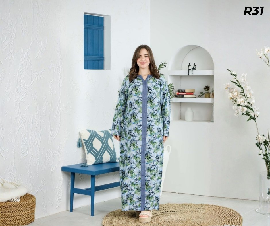 Robe Longue Fibrane Craquelure Abstraite Bleu Vert et Blanc – Galon Denim | R31