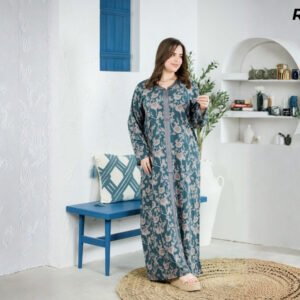 Robe Longue Fibrane Fleurs Botaniques Fond Bleu Canard et Beige – Galon Gris | R32