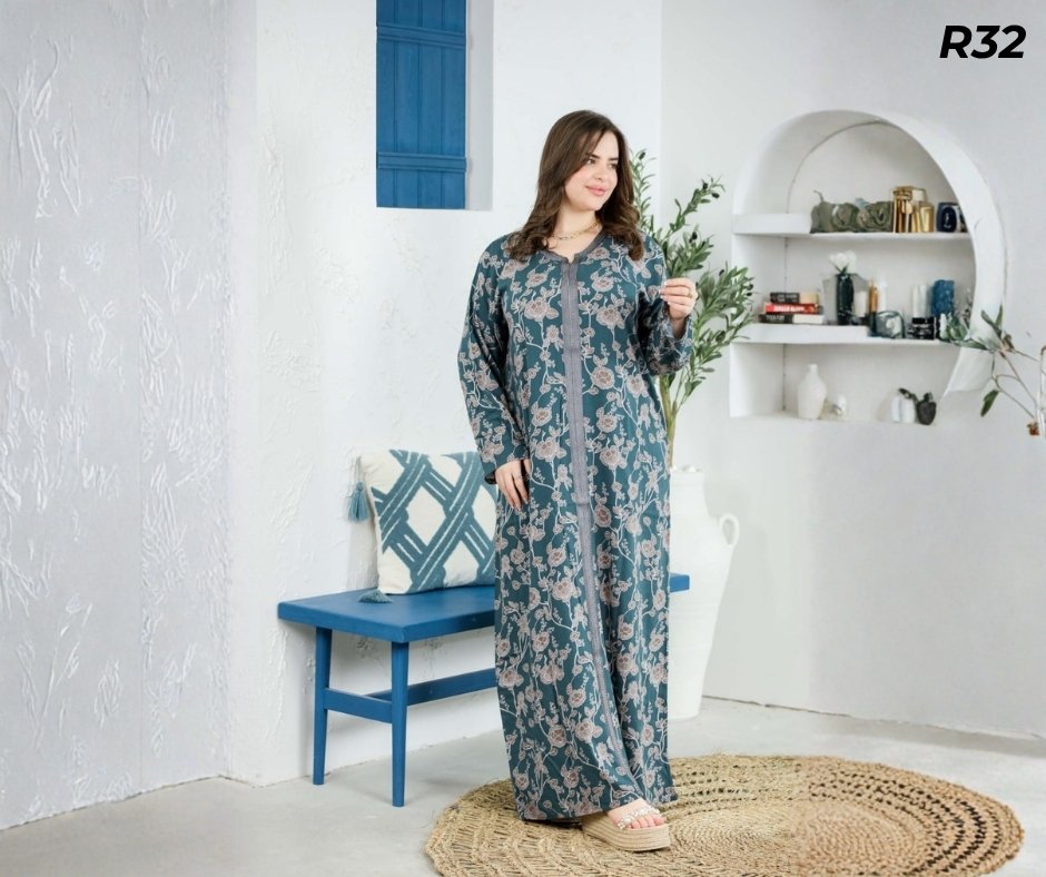 Robe Longue Fibrane Fleurs Botaniques Fond Bleu Canard et Beige – Galon Gris | R32