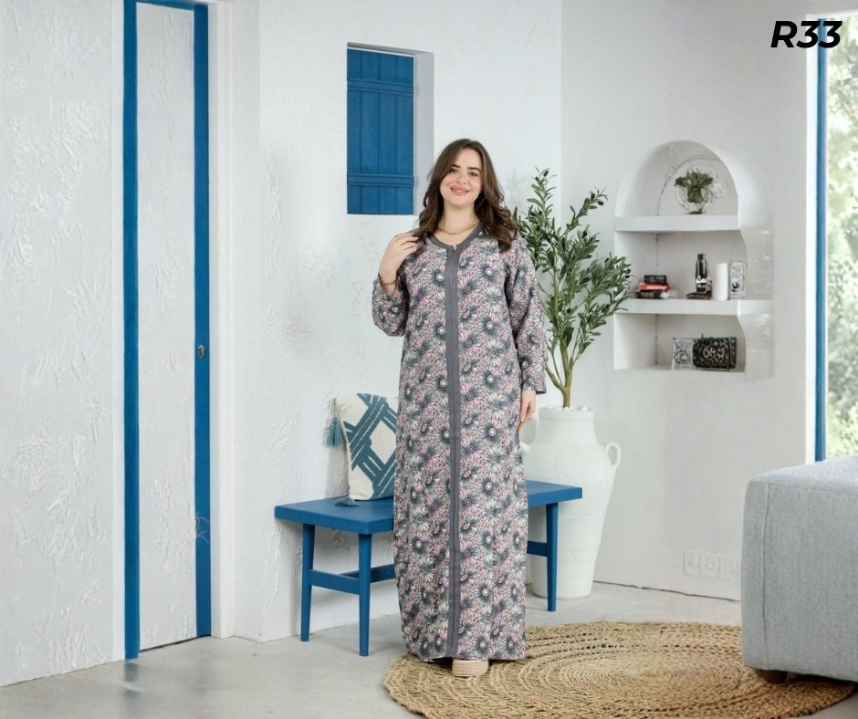 Robe Longue Fibrane Marguerites Fond Léopard Gris Rose et Beige – Galon Gris | R33