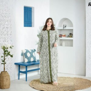 Robe Longue Fibrane Fleurs Botaniques Blanc Vert Olive – Galon Kaki | R04