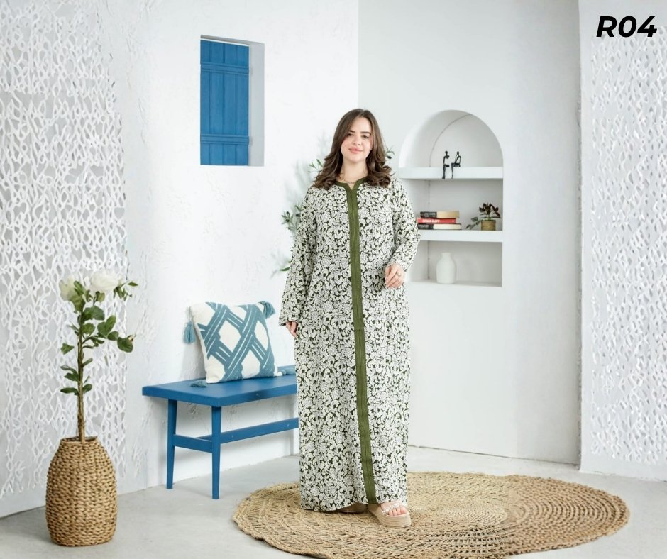 Robe Longue Fibrane Fleurs Botaniques Blanc Vert Olive – Galon Kaki | R04