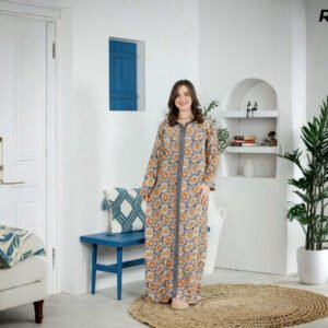 Robe Longue Fibrane Marguerites Fond Léopard Noir Orange et Gris – Galon Gris | R34