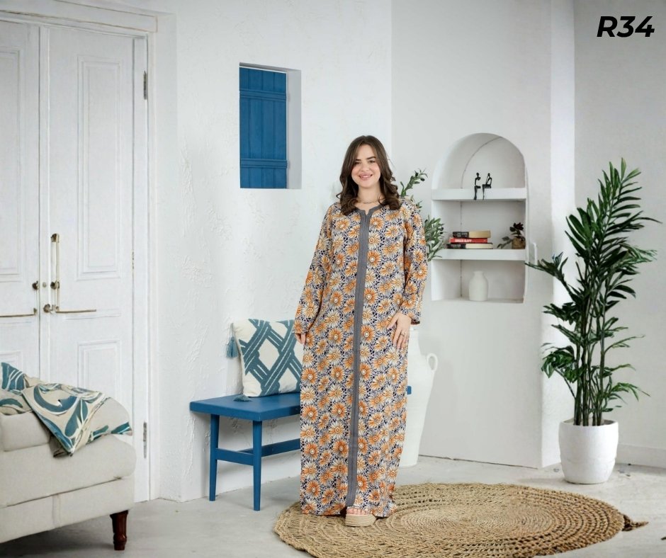 Robe Longue Fibrane Marguerites Fond Léopard Noir Orange et Gris – Galon Gris | R34