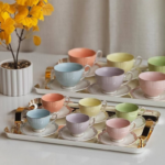 Service à Café Turc en Porcelaine Multicolore 12 Pièces – Design Élégant Pastel avec Finition Dorée – Image 2