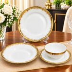 Service de table 24 pièces en porcelaine — Motif Soleil d'Or, Blanc & Or