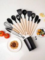 Ensemble d’Ustensiles de Cuisine en Silicone – 12 Pièces avec Poignées Anti-Brûlure et Antidérapantes