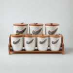 Set 7 Pots en Céramique Mouchetée avec Support en Bambou – Blanc