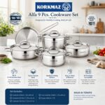 Batterie de Cuisine Korkmaz 9 Pièces en Inox 18/10 - Alfa A1660 – Image 9
