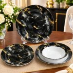 Service de table 24 pièces en porcelaine - Marbre Noir & Or