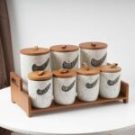 Set 7 Pots en Céramique Mouchetée avec Support en Bambou – Blanc – Image 2