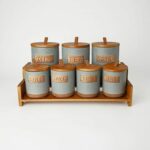 Set 7 Pots en Céramique avec Support en Bois – Gris