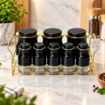 Set Portes Épices 8 Pièces en Verre avec Support – Noir & Doré