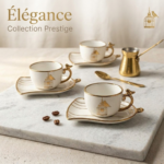 Service à Café en Porcelaine Blanche et Or – Ensemble de 6 Tasses et Soucoupes Design Oiseaux