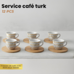Service Café Turc en Céramique | 6 Tasses & Sous-Tasses en bois – Motif Néo-Classique
