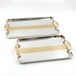 Série de 2 Plateaux de Service Rectangulaires en Acier Inoxydable 18/10 – Poignées Dorées, Design Élégant et Luxe