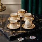 Service à café turc (12 pièces) en porcelaine blanche et liseré doré – Pour 6 personnes